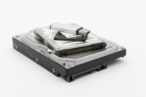 Hard drives, an SD card, and a flash drive.