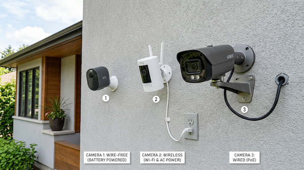 Wire-free vs wired vs wireless security cameras.